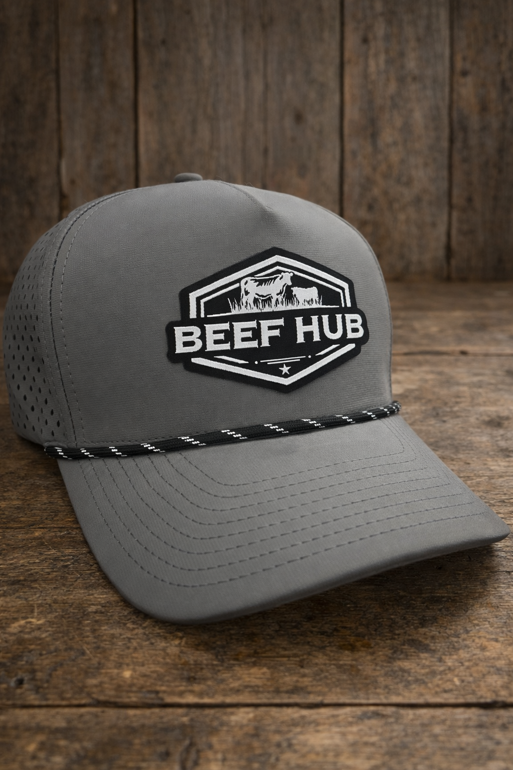 Beef Hub Gray Zapped 5-Panel Performance Rope Hat – Black Logo