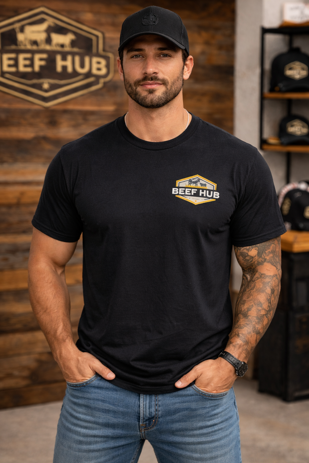 Beef Hub Trucker Tee – Black Graphic T-Shirt